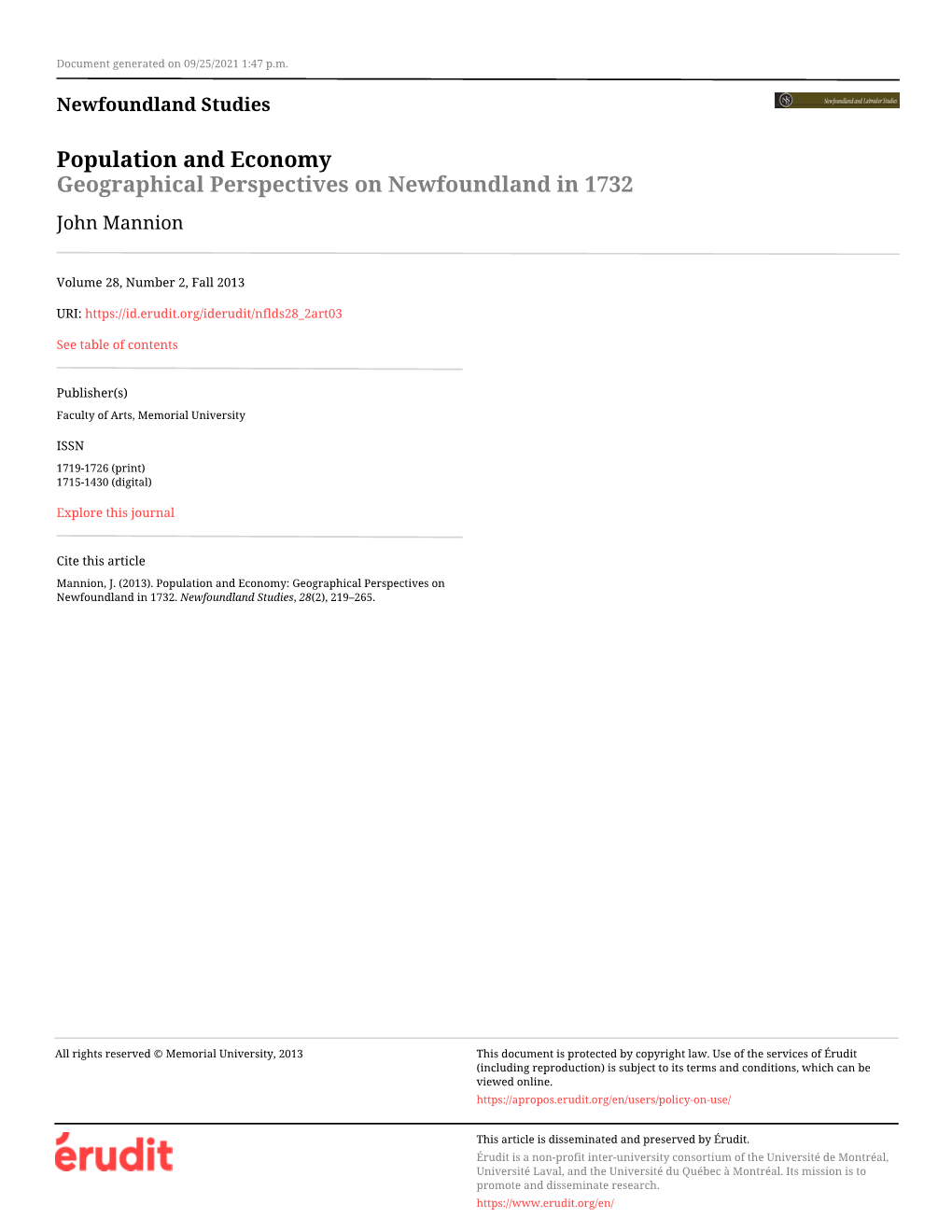 Population and Economy: Geographical Perspectives on Newfoundland in 1732