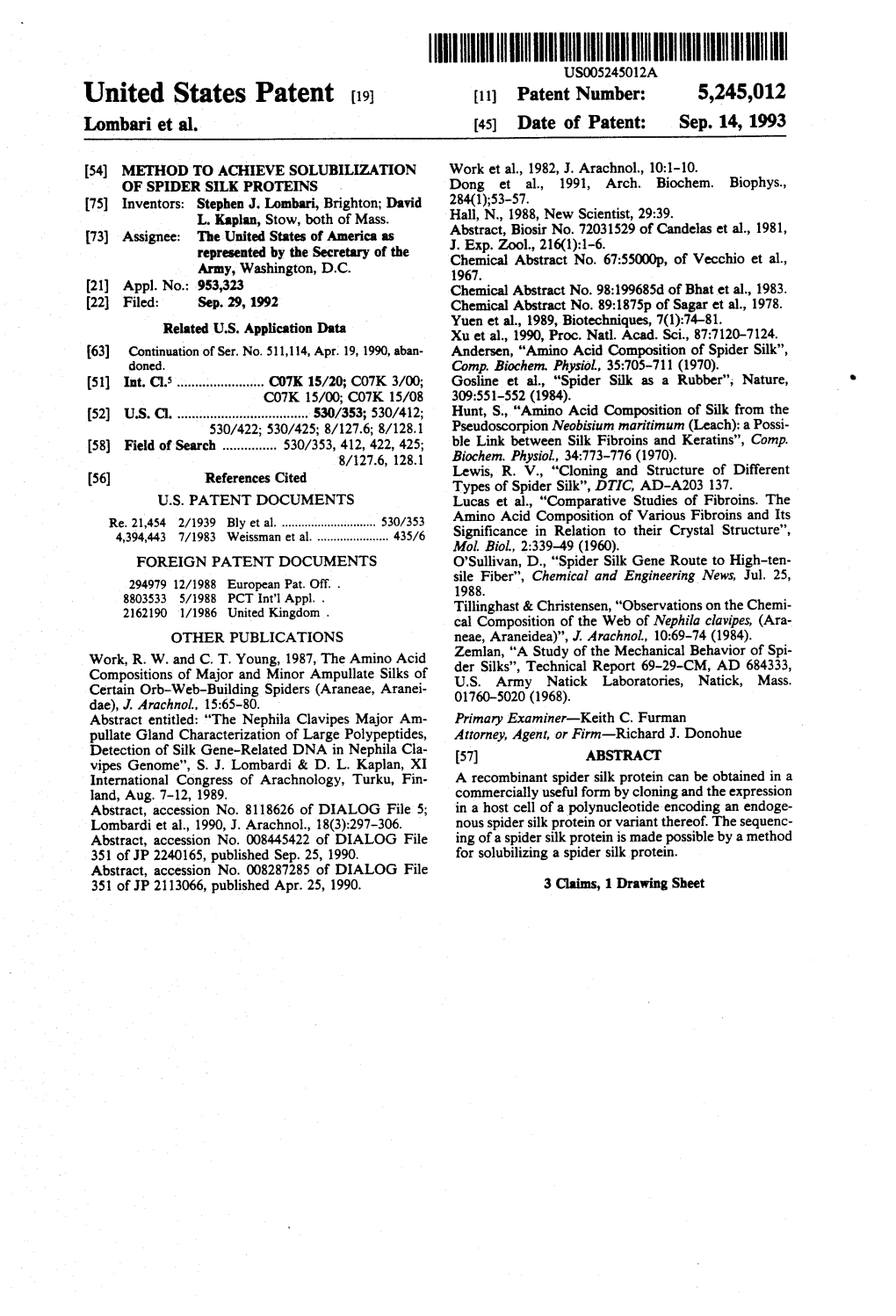 United States Patent (19) 11 Patent Number: 5,245,012 Lombari Et Al