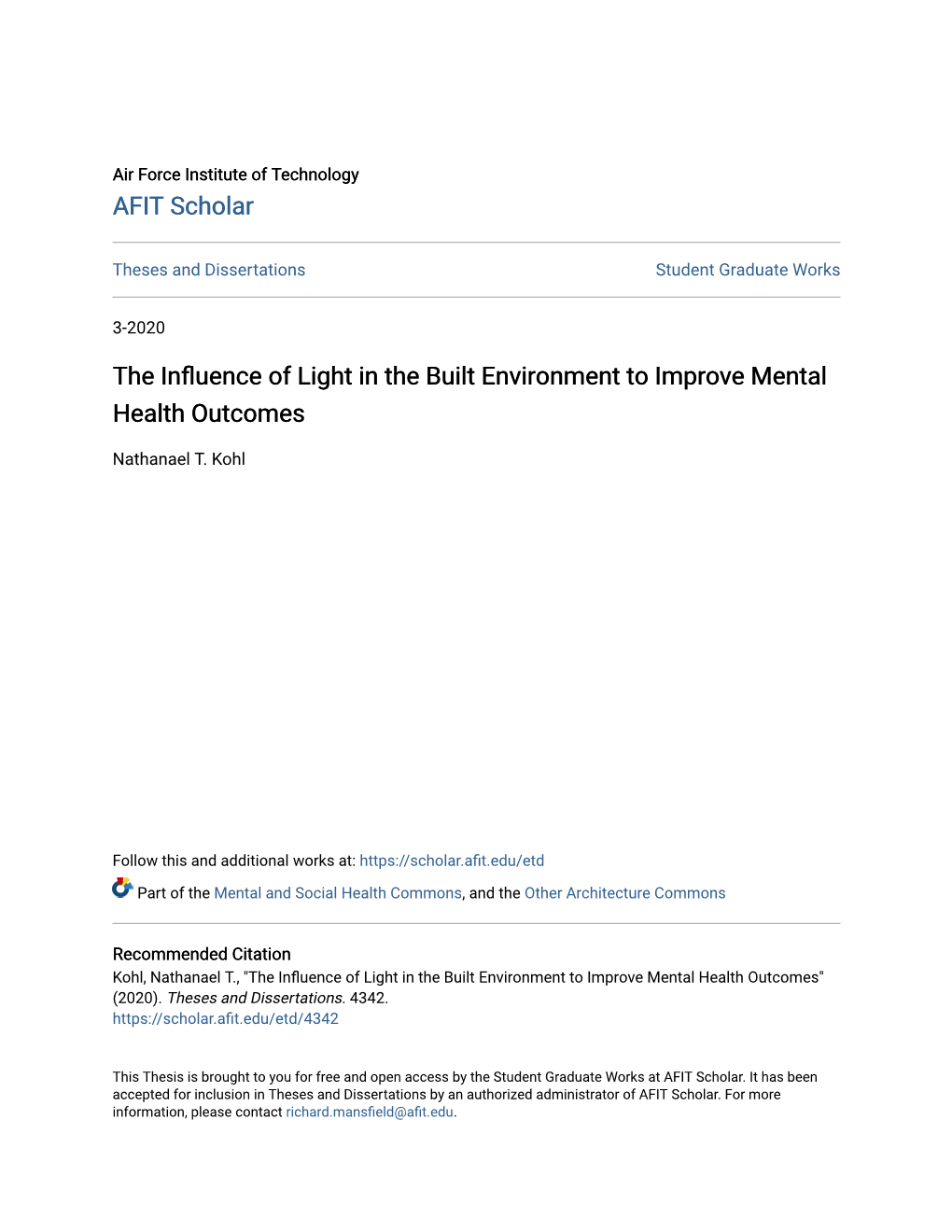 The Influence of Light in the Built Environment to Improve Mental Health Outcomes
