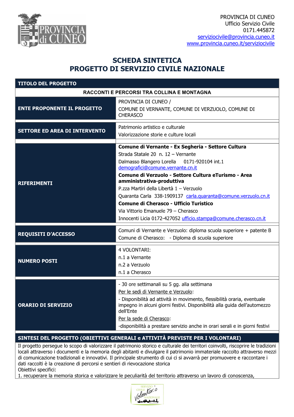 Racconti E Percorsi Tra Collina E Montagna Provincia Di Cuneo / Ente Proponente Il Progetto Comune Di Vernante, Comune Di Verzuolo, Comune Di Cherasco