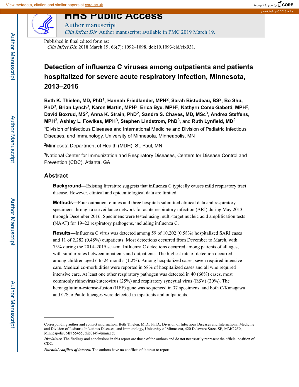 Detection of Influenza C Viruses Among Outpatients and Patients Hospitalized for Severe Acute Respiratory Infection, Minnesota, 2013–2016