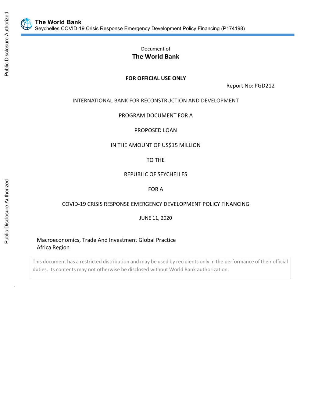 The World Bank Seychelles COVID-19 Crisis Response Emergency Development Policy Financing (P174198)