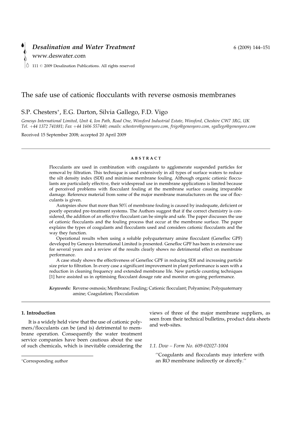 The Safe Use of Cationic Flocculants with Reverse Osmosis Membranes