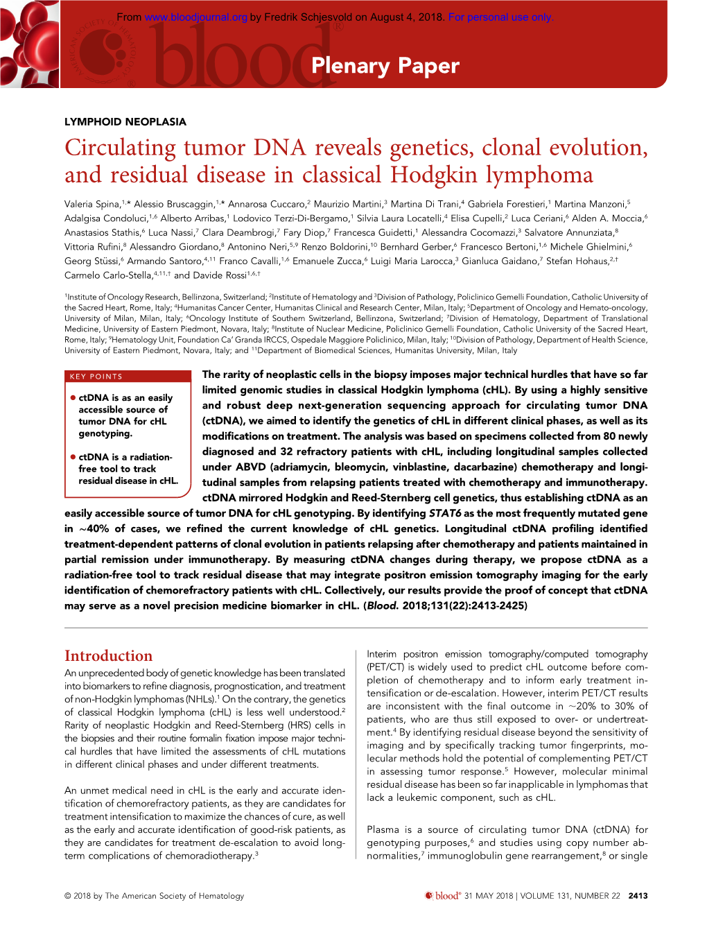 Circulating Tumor DNA Reveals Genetics, Clonal Evolution, and Residual Disease in Classical Hodgkin Lymphoma