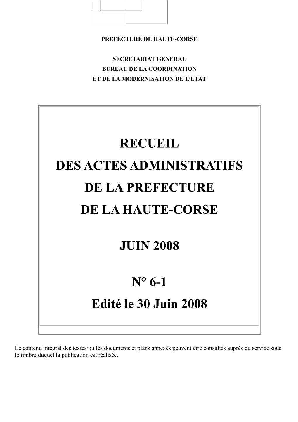 Recueil Des Actes Administratifs De La Prefecture De La Haute-Corse