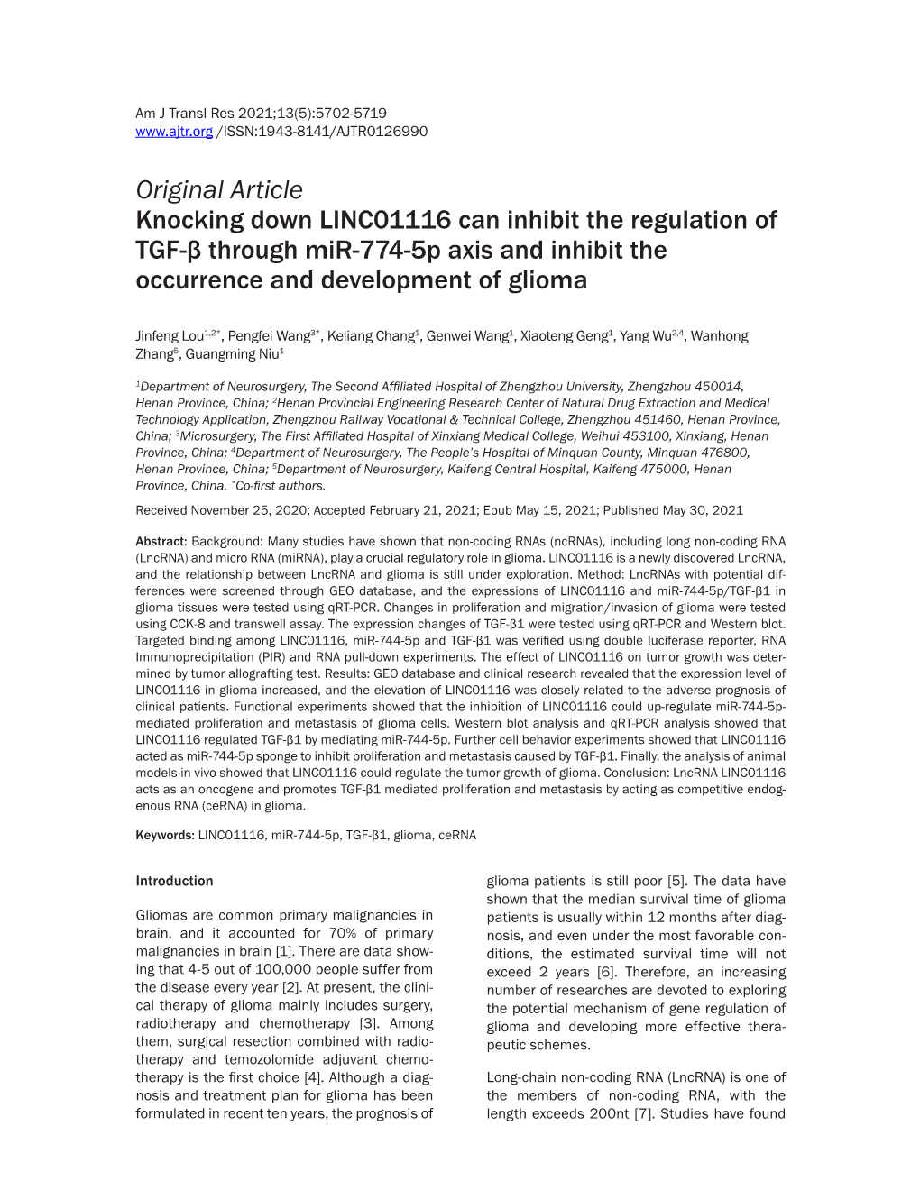 Original Article Knocking Down LINC01116 Can Inhibit the Regulation of TGF-Β Through Mir-774-5P Axis and Inhibit the Occurrence and Development of Glioma