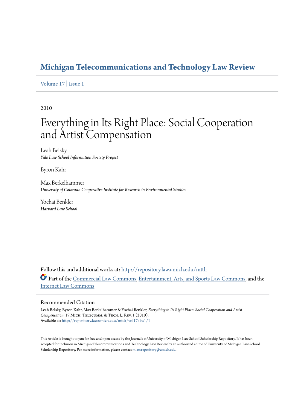 Everything in Its Right Place: Social Cooperation and Artist Compensation Leah Belsky Yale Law School Information Society Project