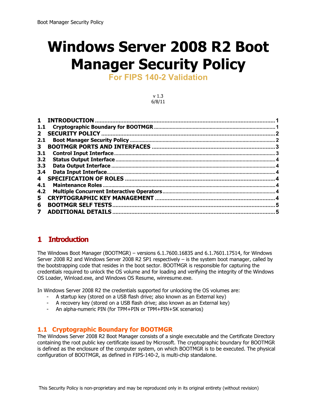 Windows Server 2008 R2 Boot Manager Security Policy for FIPS 140-2 Validation