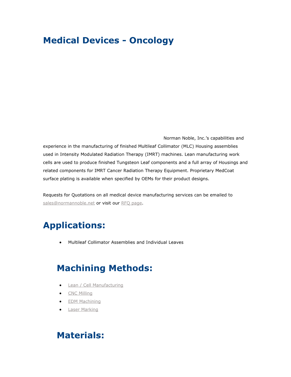 Oncology - Medical Device Contract Manufacturing