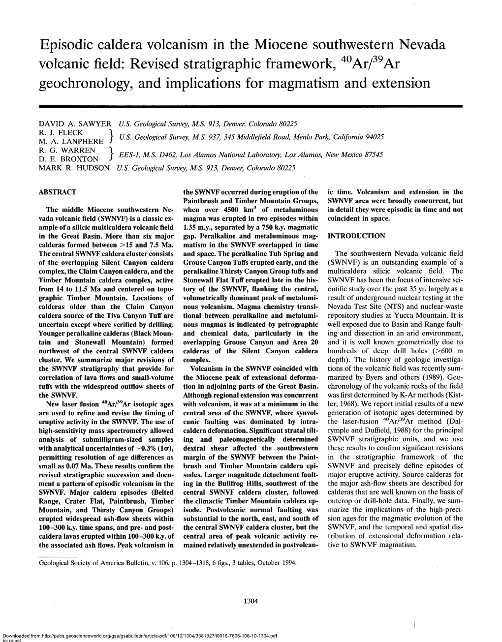 Pdf/106/10/1304/3381927/I0016-7606-106-10-1304.Pdf by Guest on 02 October 2021 MIOCENE SOUTHWESTERN NEVADA VOLCANIC FIELD