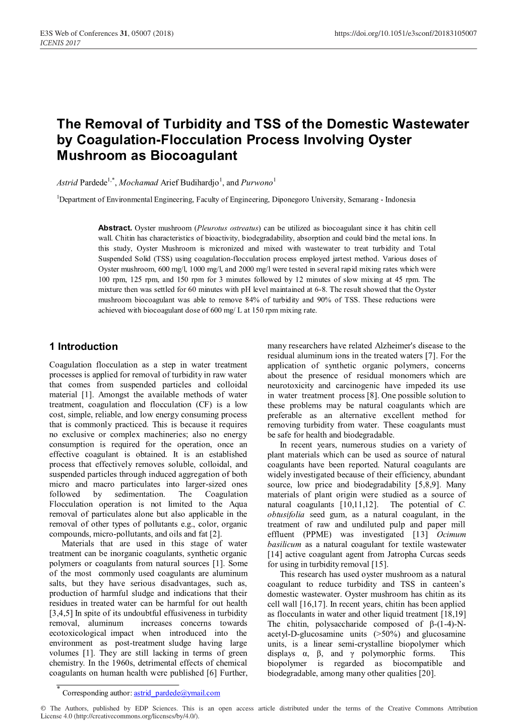 The Removal of Turbidity and TSS of the Domestic Wastewater by Coagulation-Flocculation Process Involving Oyster Mushroom As Biocoagulant