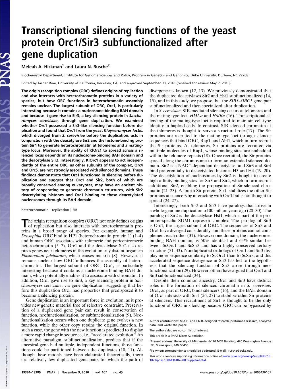 Transcriptional Silencing Functions of the Yeast Protein Orc1/Sir3 Subfunctionalized After Gene Duplication