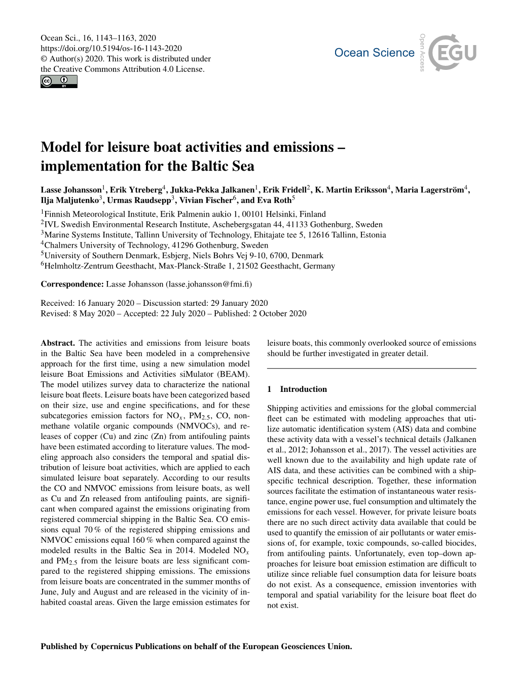 Model for Leisure Boat Activities and Emissions – Implementation for the Baltic Sea