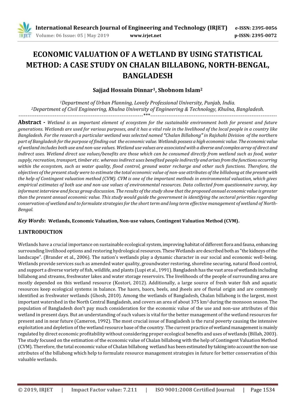 Economic Valuation of a Wetland by Using Statistical Method: a Case Study on Chalan Billabong, North-Bengal, Bangladesh