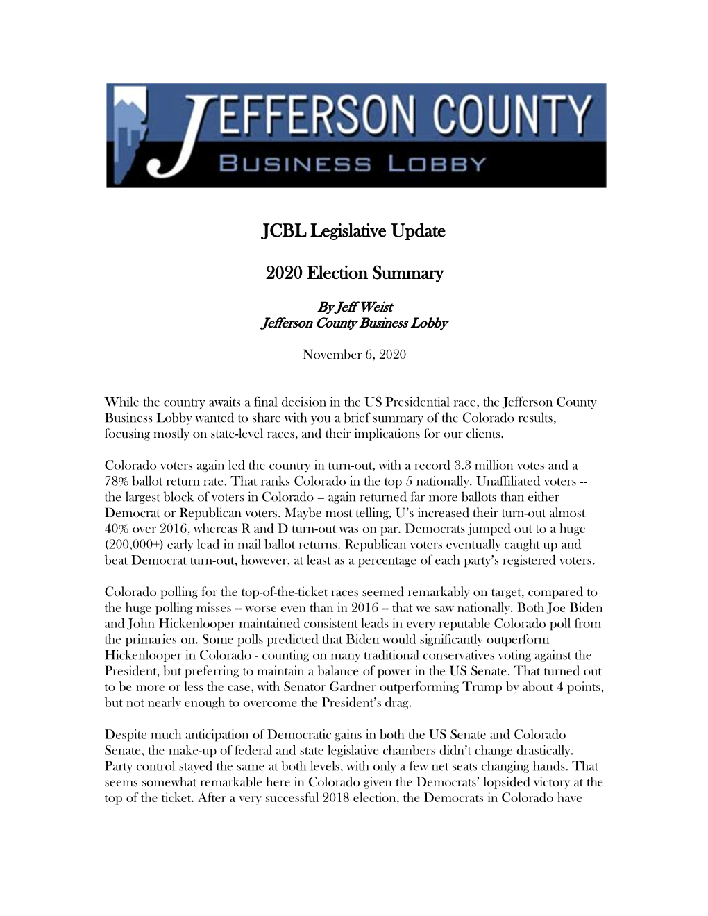 JCBL Legislative Update 2020 Election Summary