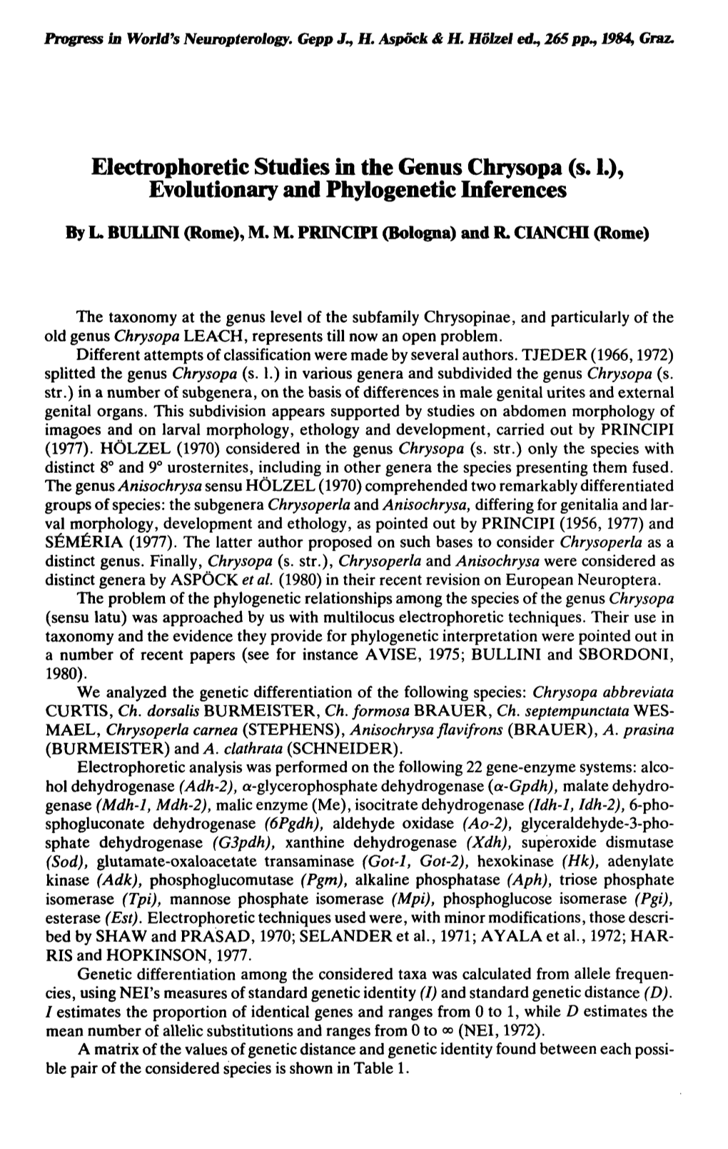 Electrophoretic Studies in the Genus Chrysopa (S