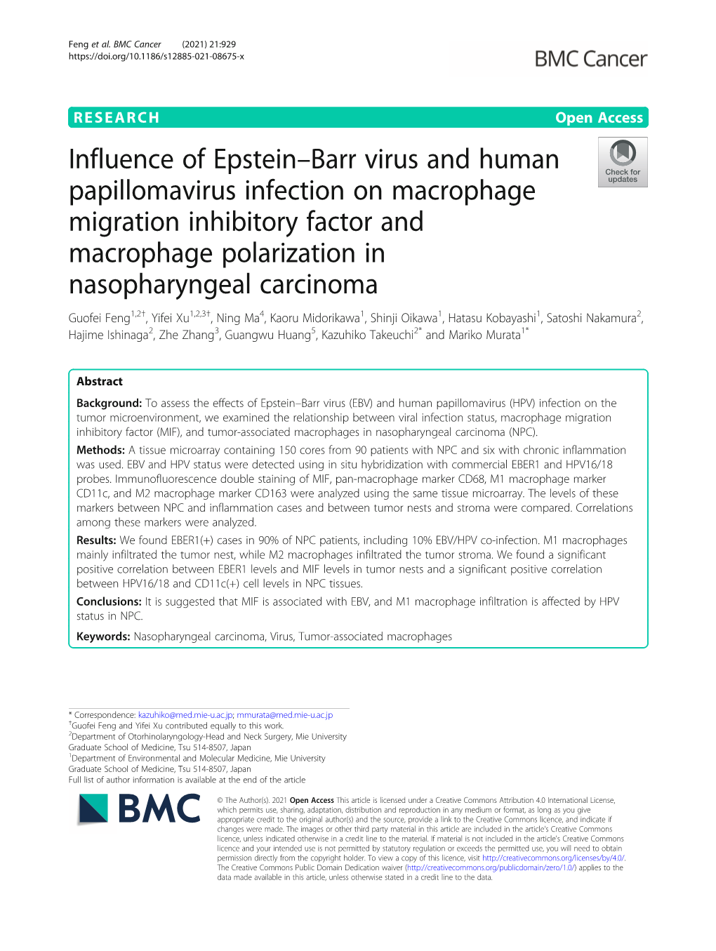 Influence of Epstein–Barr Virus and Human Papillomavirus Infection On