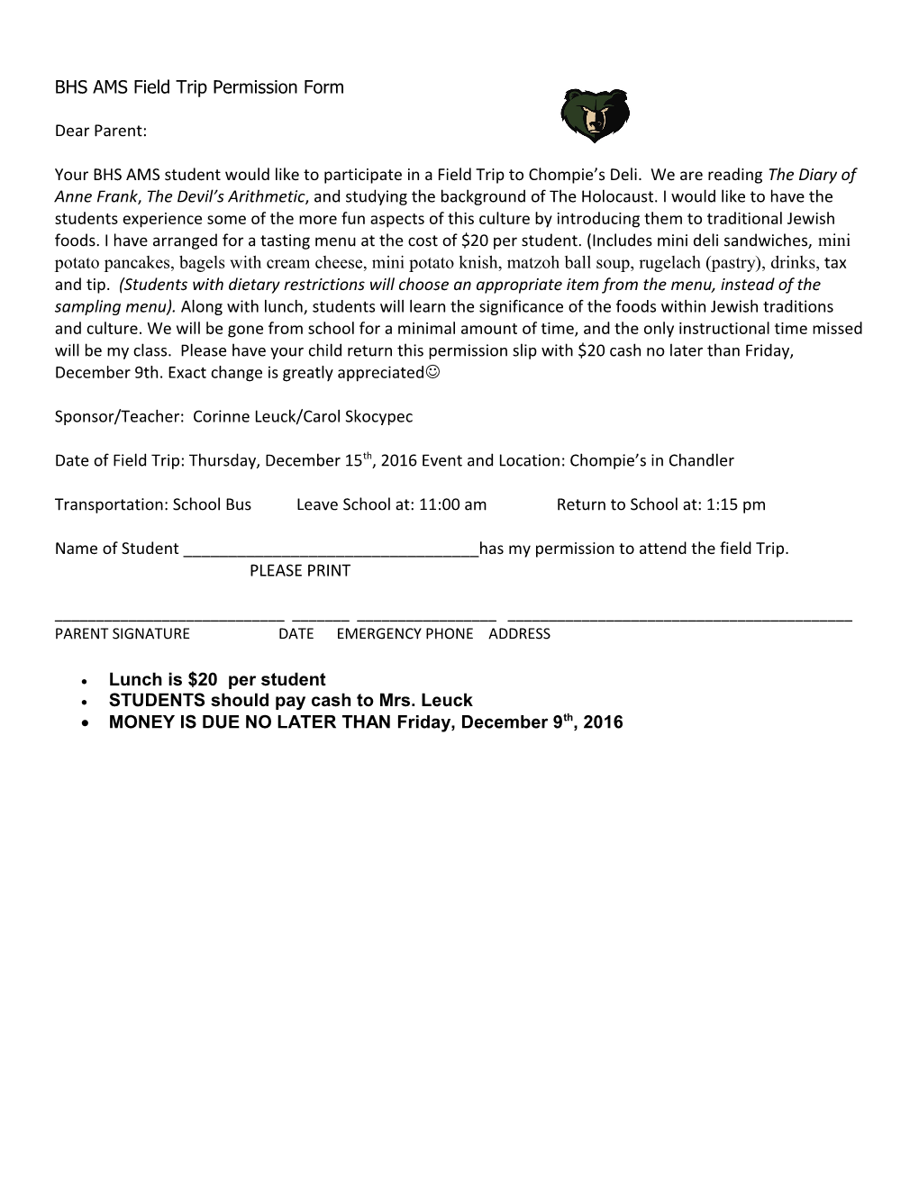 Basha High School Field Trip Permission Form