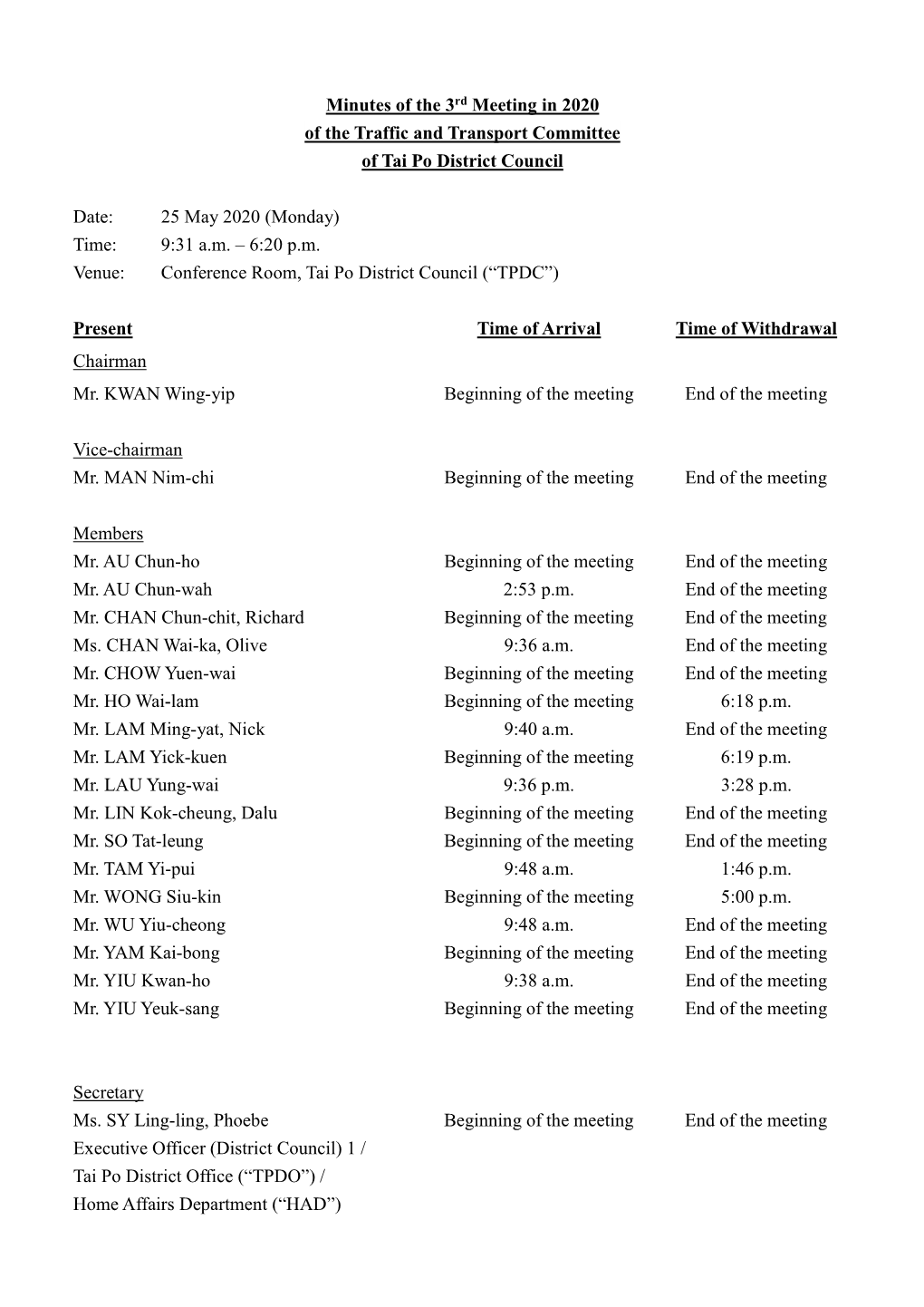 Minutes of the 3Rd Meeting in 2020 of the Traffic and Transport Committee of Tai Po District Council