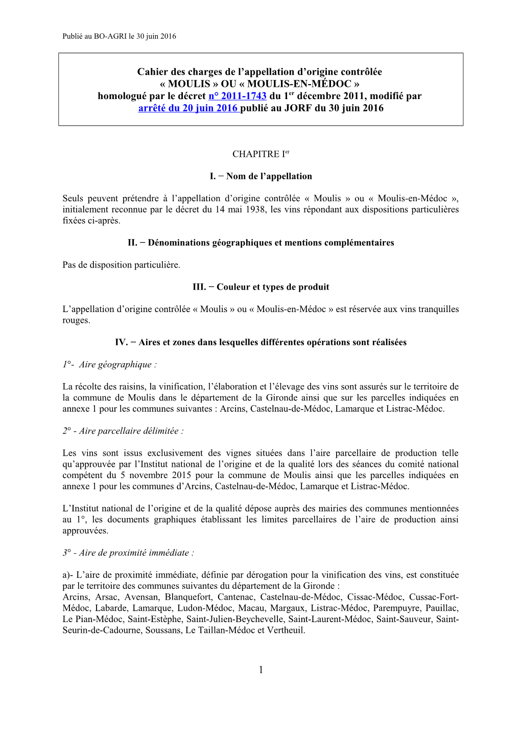 Cahier Des Charges De L'appellation D'origine Contrôlée Moulis Ou Moulis-En-Médoc