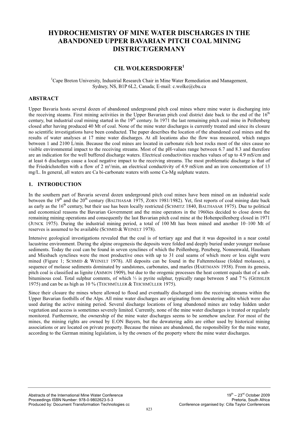 Hydrochemistry of Mine Water Discharges in the Abandoned Upper Bavarian Pitch Coal Mining District/Germany