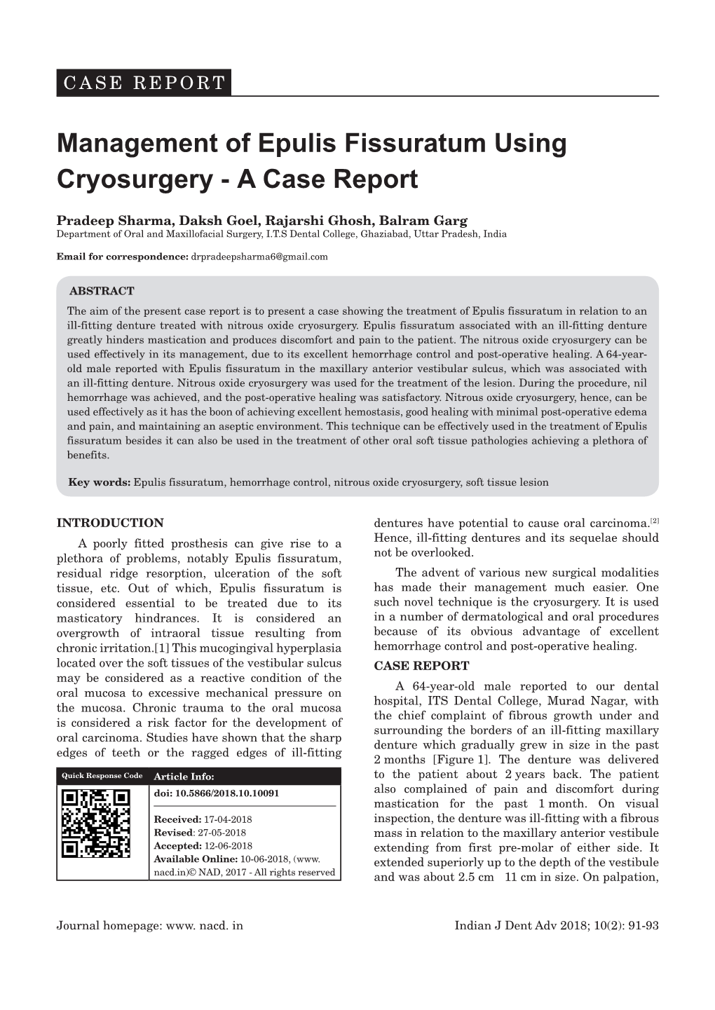 Management of Epulis Fissuratum Using Cryosurgery - a Case Report