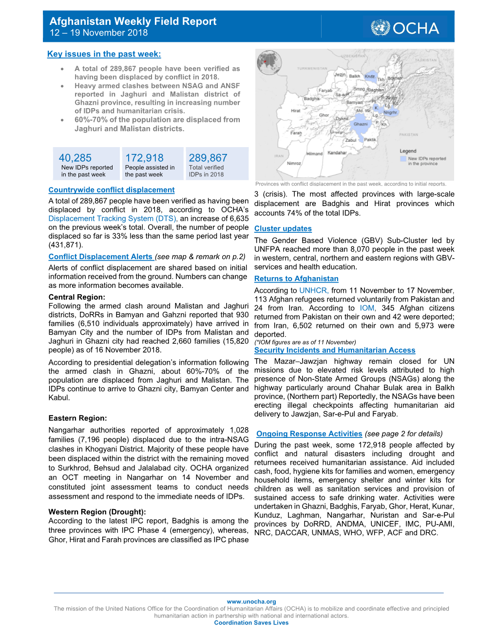 Afghanistan Weekly Field Report 12 – 19 November 2018