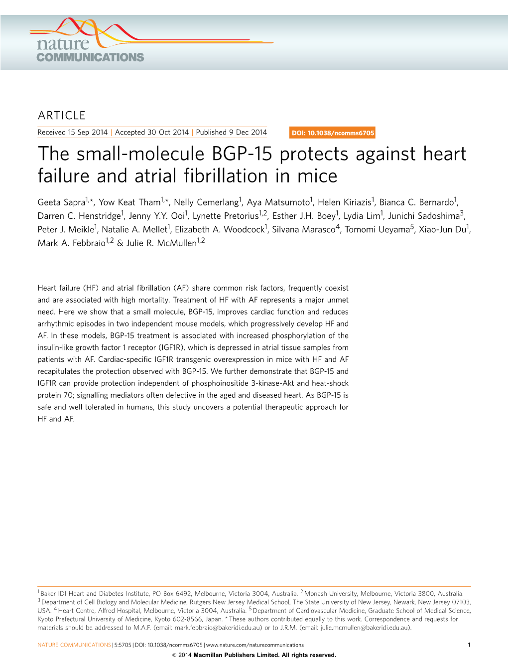 The Small-Molecule BGP-15 Protects Against Heart Failure and Atrial ﬁbrillation in Mice