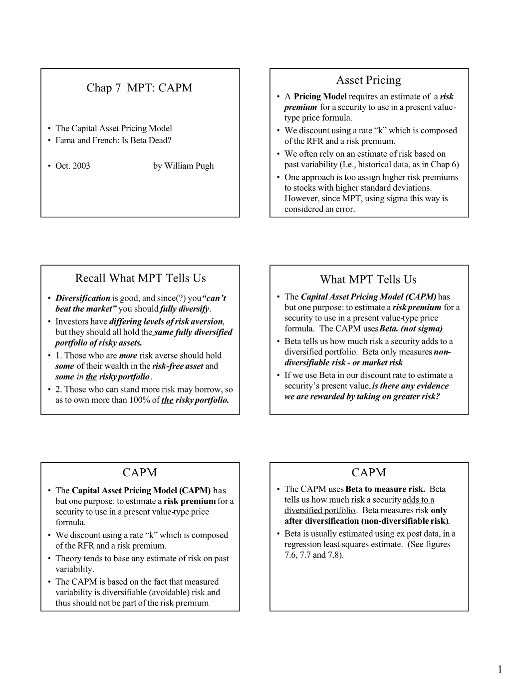 Chap 7 MPT: CAPM Asset Pricing Recall What MPT Tells Us What