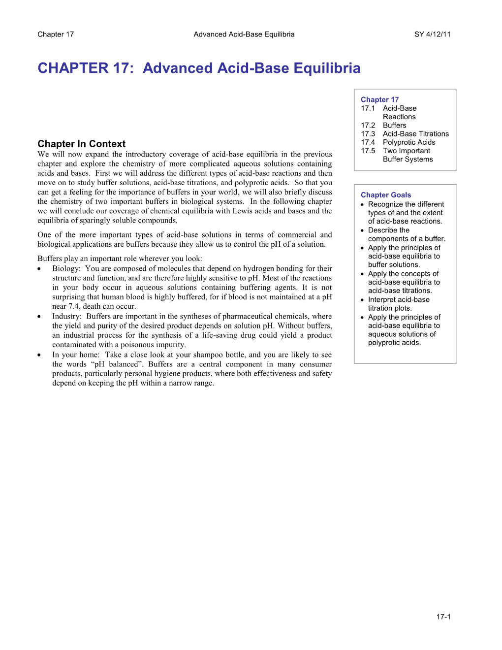 CHAPTER 17: Advanced Acid-Base Equilibria