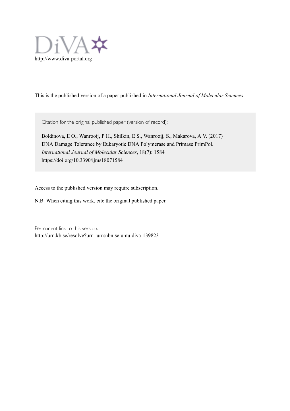 DNA Damage Tolerance by Eukaryotic DNA Polymerase and Primase Primpol