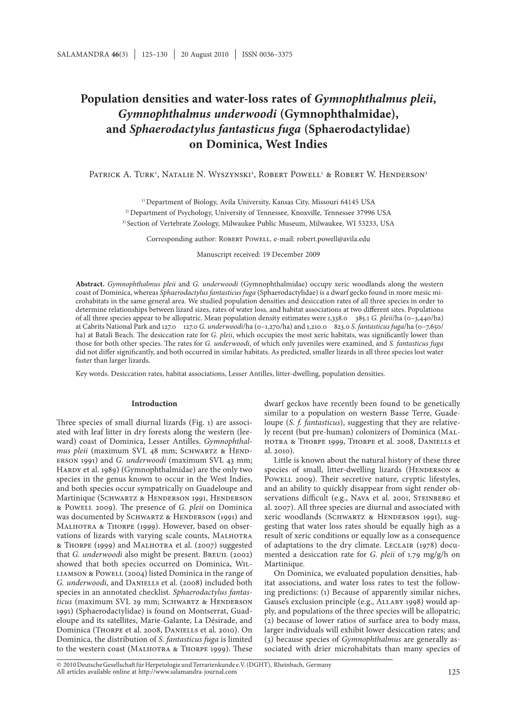 Population Densities and Water-Loss Rates of Gymnophthalmus Pleii, Gymnophthalmus Underwoodi (Gymnophthalmidae), and Sphaerodact