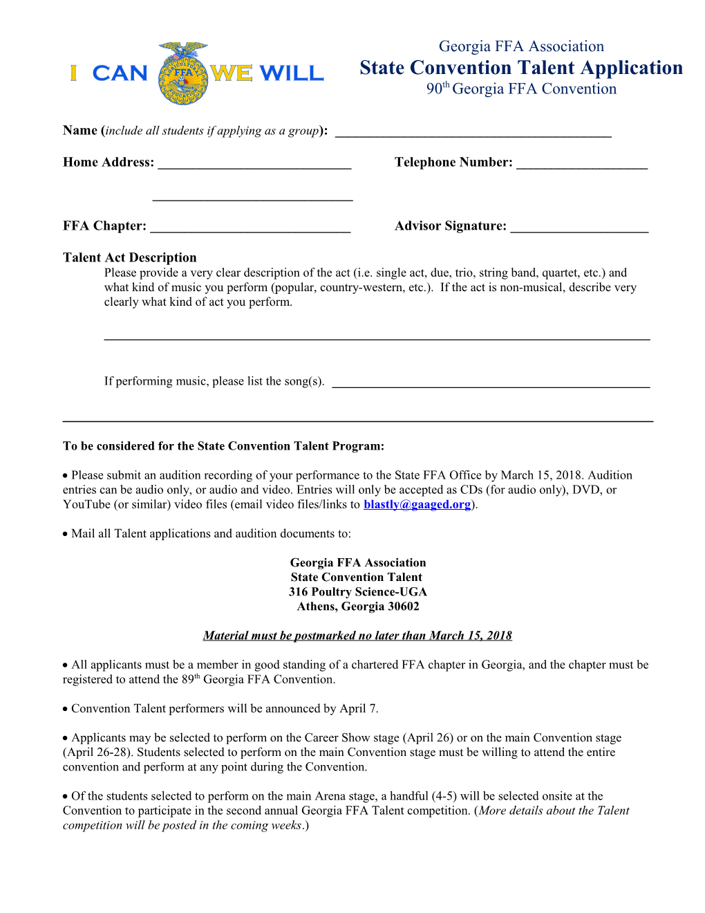 3Rd Annual State FFA Talent Program Application