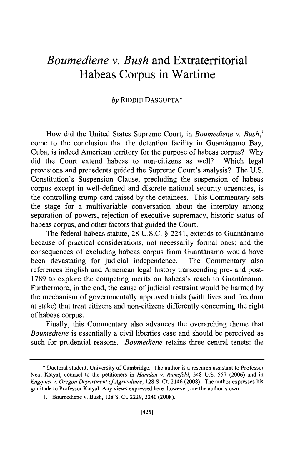 Boumediene V. Bush and Extraterritorial Habeas Corpus in Wartime