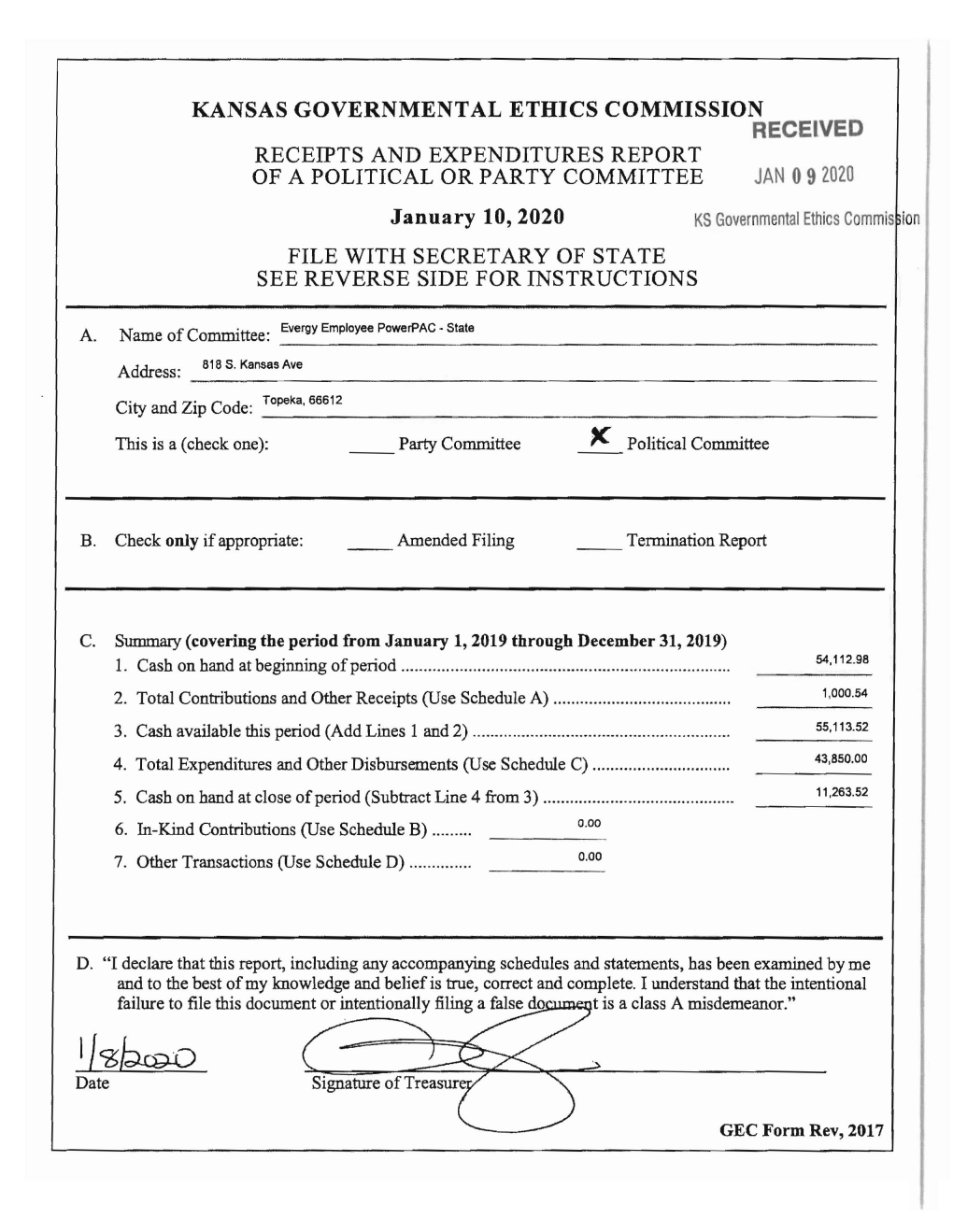 Kansas Governmental Ethics Commission Receipts And