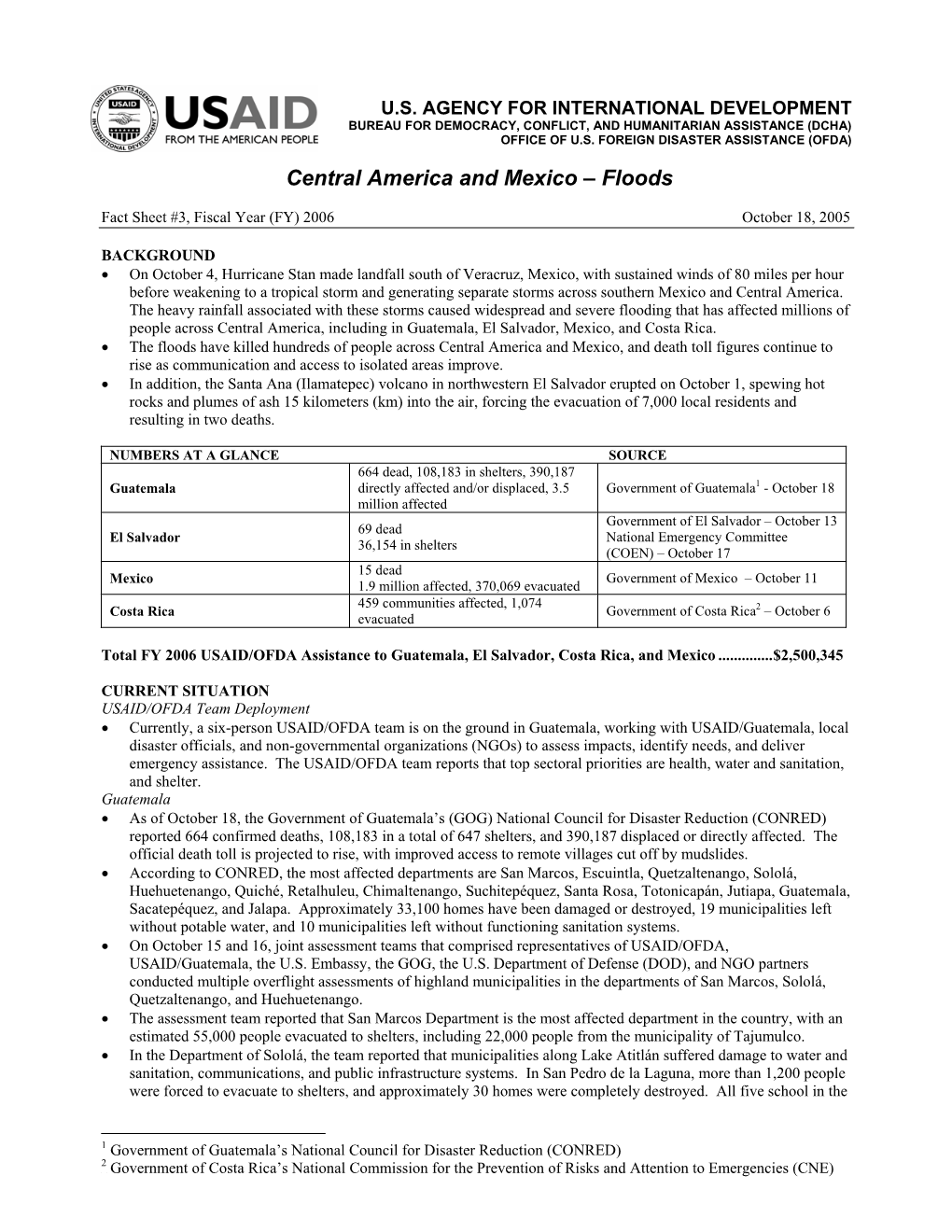 USAID Fact Sheet #3 Central America and Mexico Floods 10/18/05