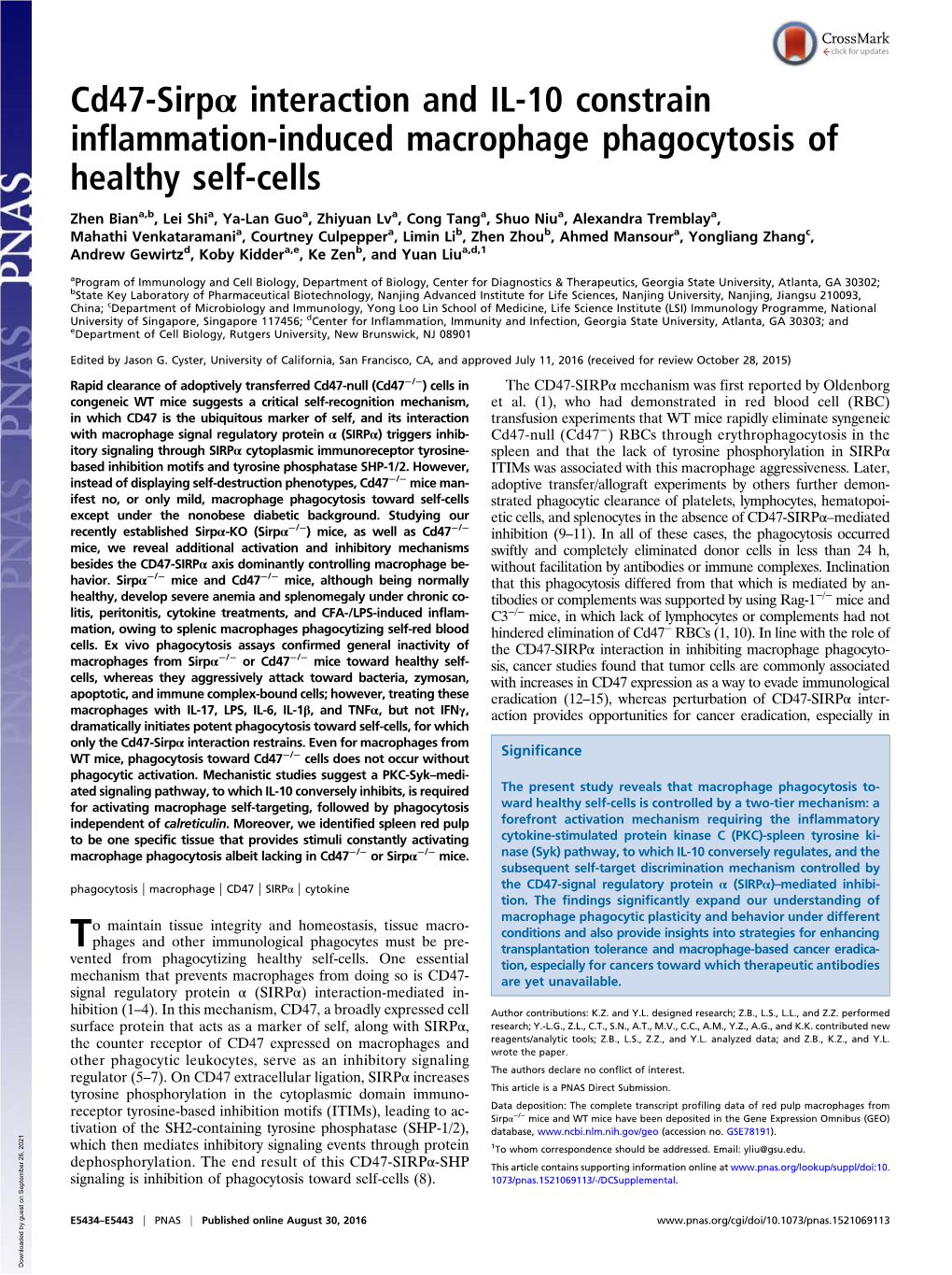 Cd47-Sirpα Interaction and IL-10 Constrain Inflammation-Induced Macrophage Phagocytosis of Healthy Self-Cells