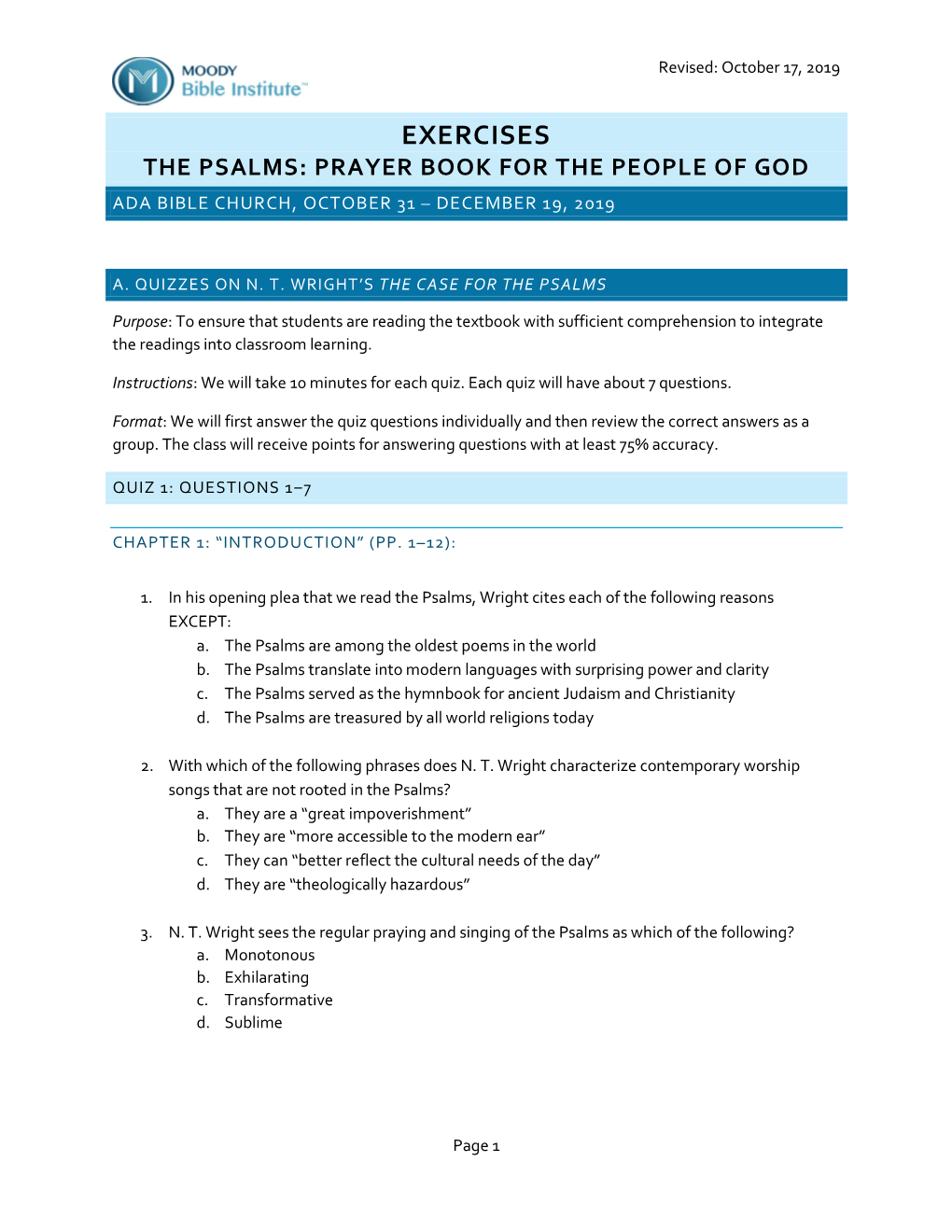 Exercises the Psalms: Prayer Book for the People of God Ada Bible Church, October 31 – December 19, 2019