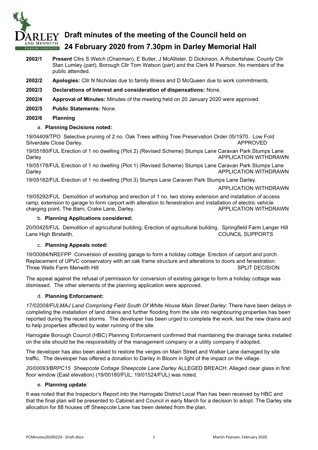 Draft Minutes of the Meeting of the Council Held on 24 February 2020 from 7.30Pm in Darley Memorial Hall