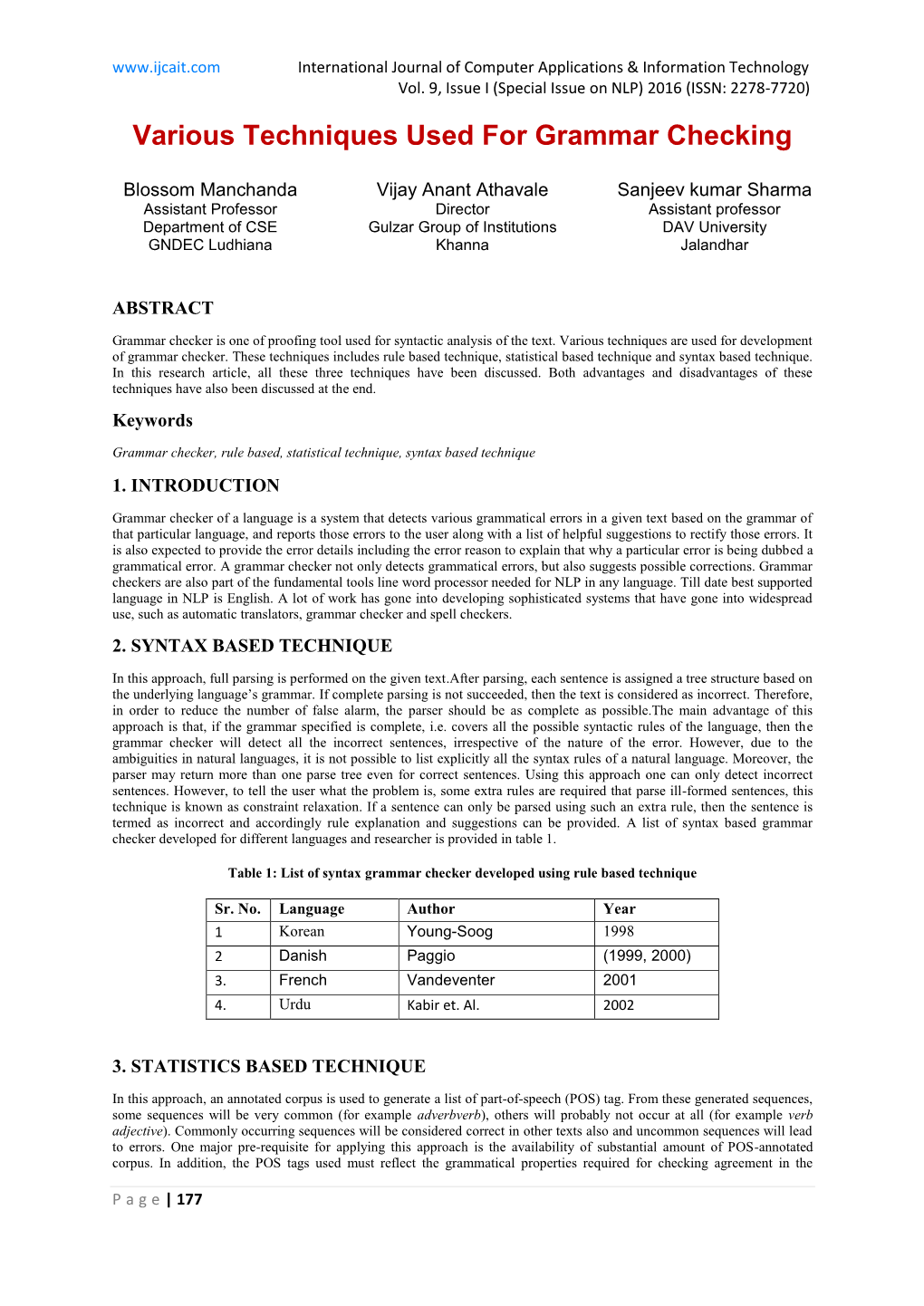 Various Techniques Used for Grammar Checking