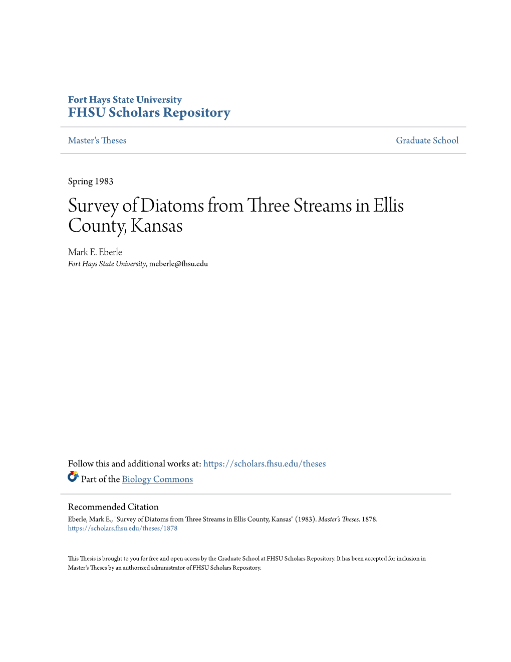 Survey of Diatoms from Three Streams in Ellis County, Kansas Mark E