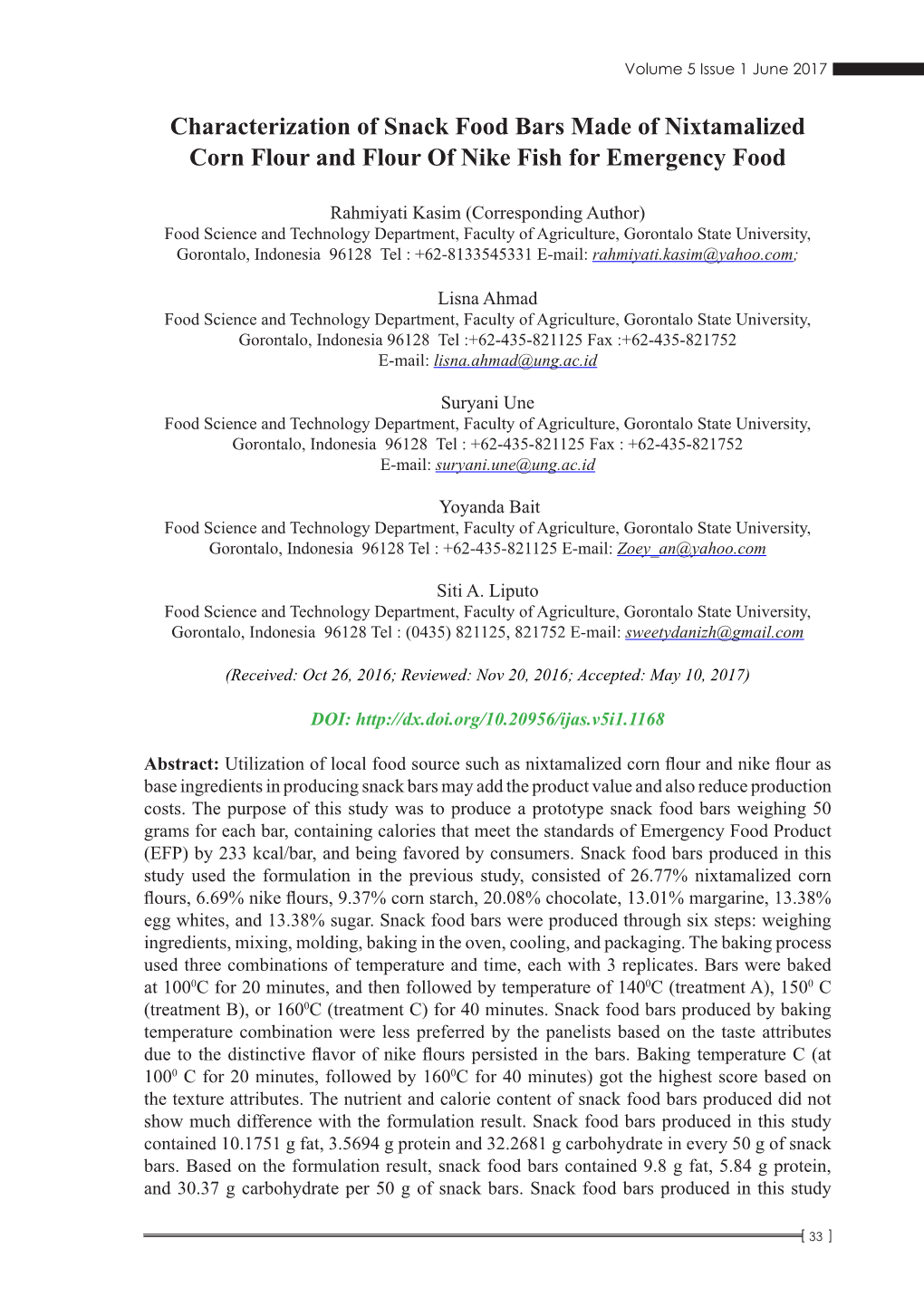 Characterization of Snack Food Bars Made of Nixtamalized Corn Flour and Flour of Nike Fish for Emergency Food