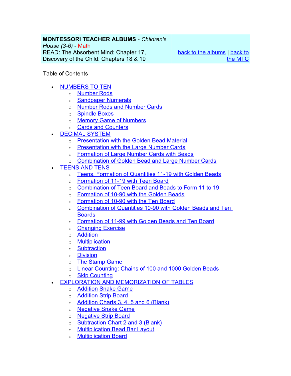 MONTESSORI TEACHER ALBUMS - Children's House (3-6) - Math READ: the Absorbent Mind: Chapter