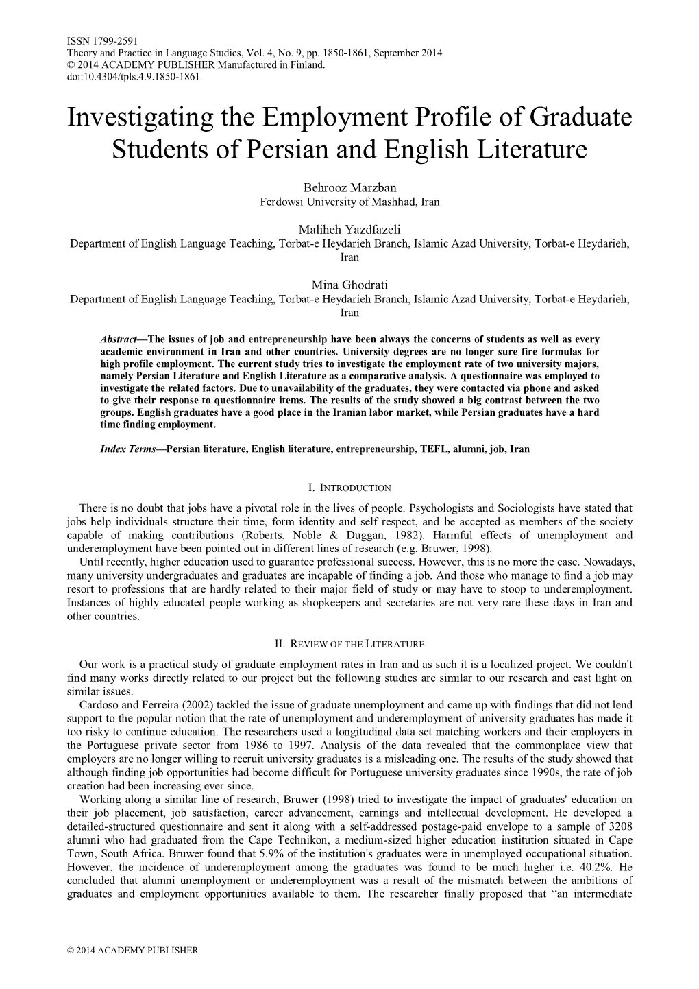 Investigating the Employment Profile of Graduate Students of Persian and English Literature