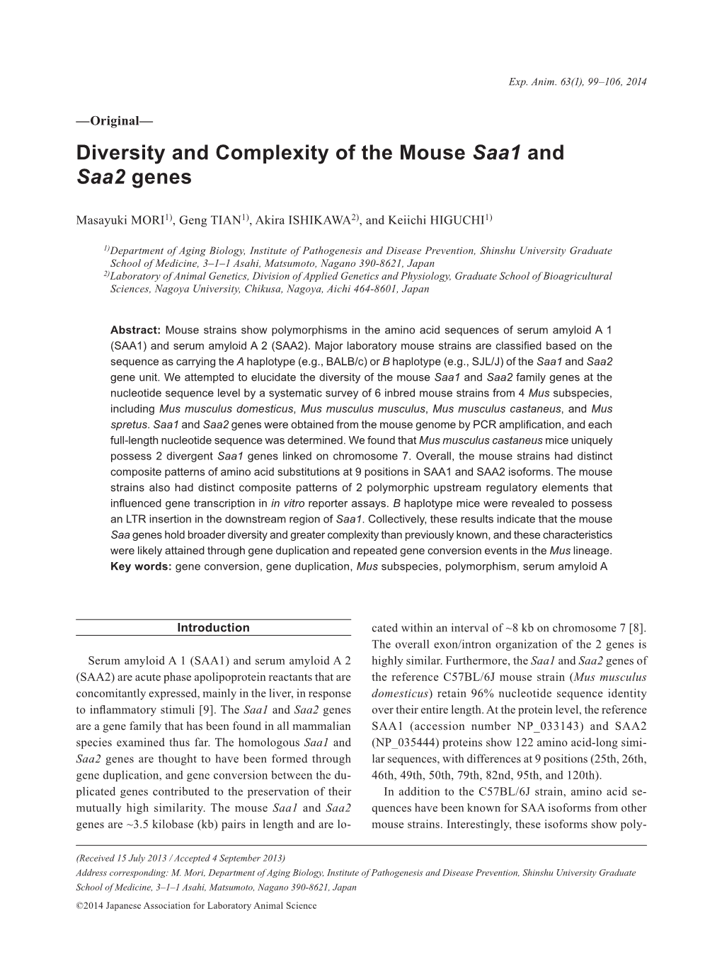 Diversity and Complexity of the Mouse Saa1 and Saa2 Genes