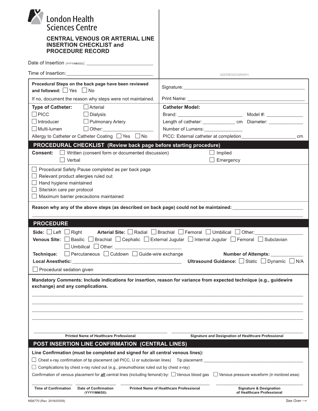 CENTRAL VENOUS OR ARTERIAL LINE INSERTION CHECKLIST and PROCEDURE RECORD