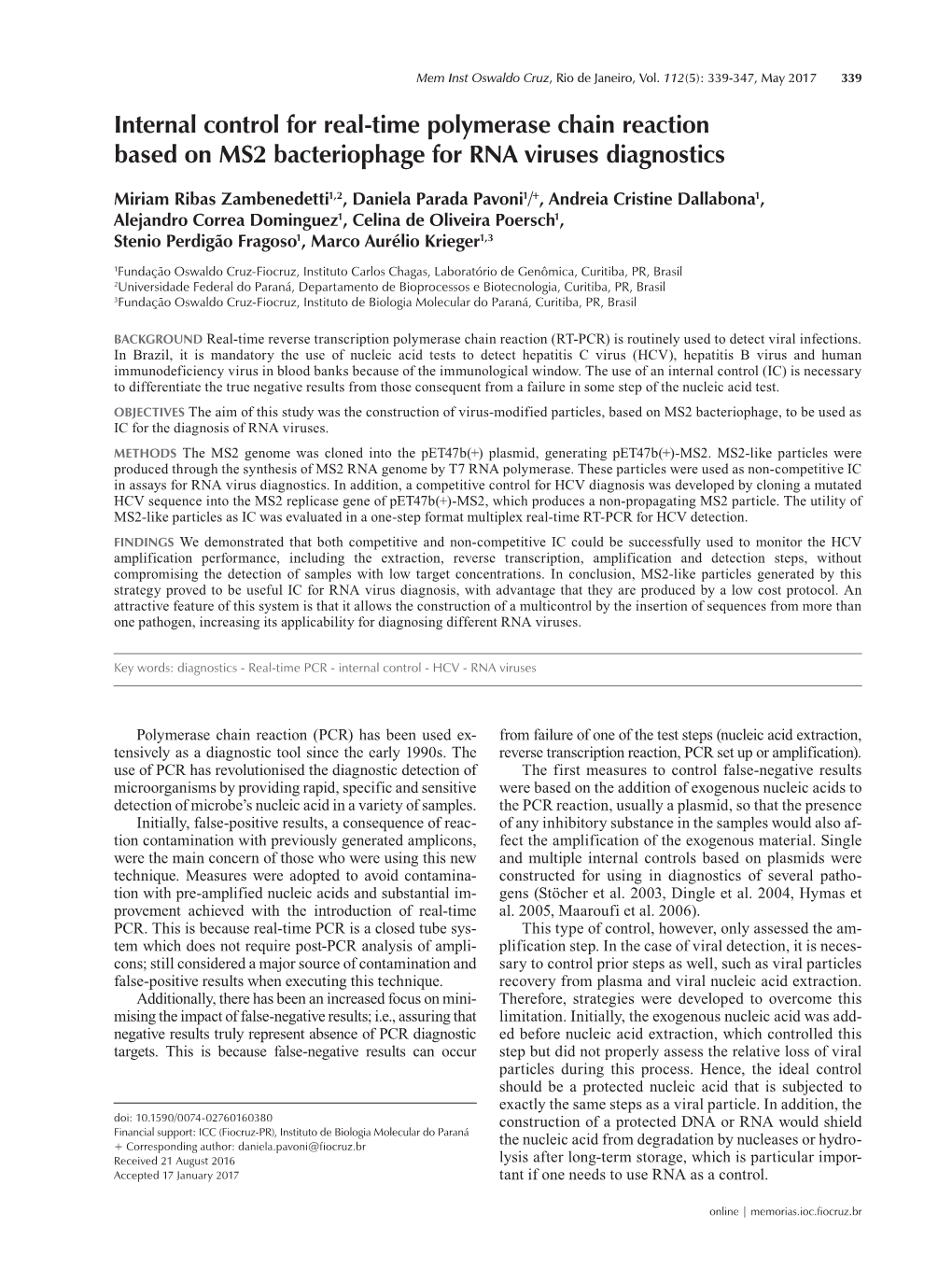 Internal Control for Real-Time Polymerase Chain Reaction Based on MS2 Bacteriophage for RNA Viruses Diagnostics