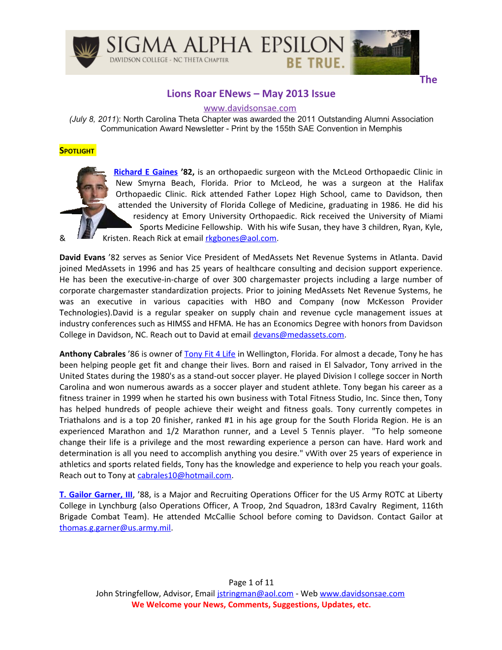 The Lions Roar Enews May 2013 Issue