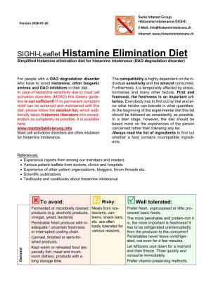 SIGHI-Leaflet Histamine Elimination Diet Simplified Histamine Elimination Diet for Histamine Intolerance (DAO Degradation Disorder)