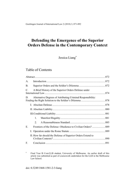 Defending the Emergence of the Superior Orders Defense in the Contemporary Context